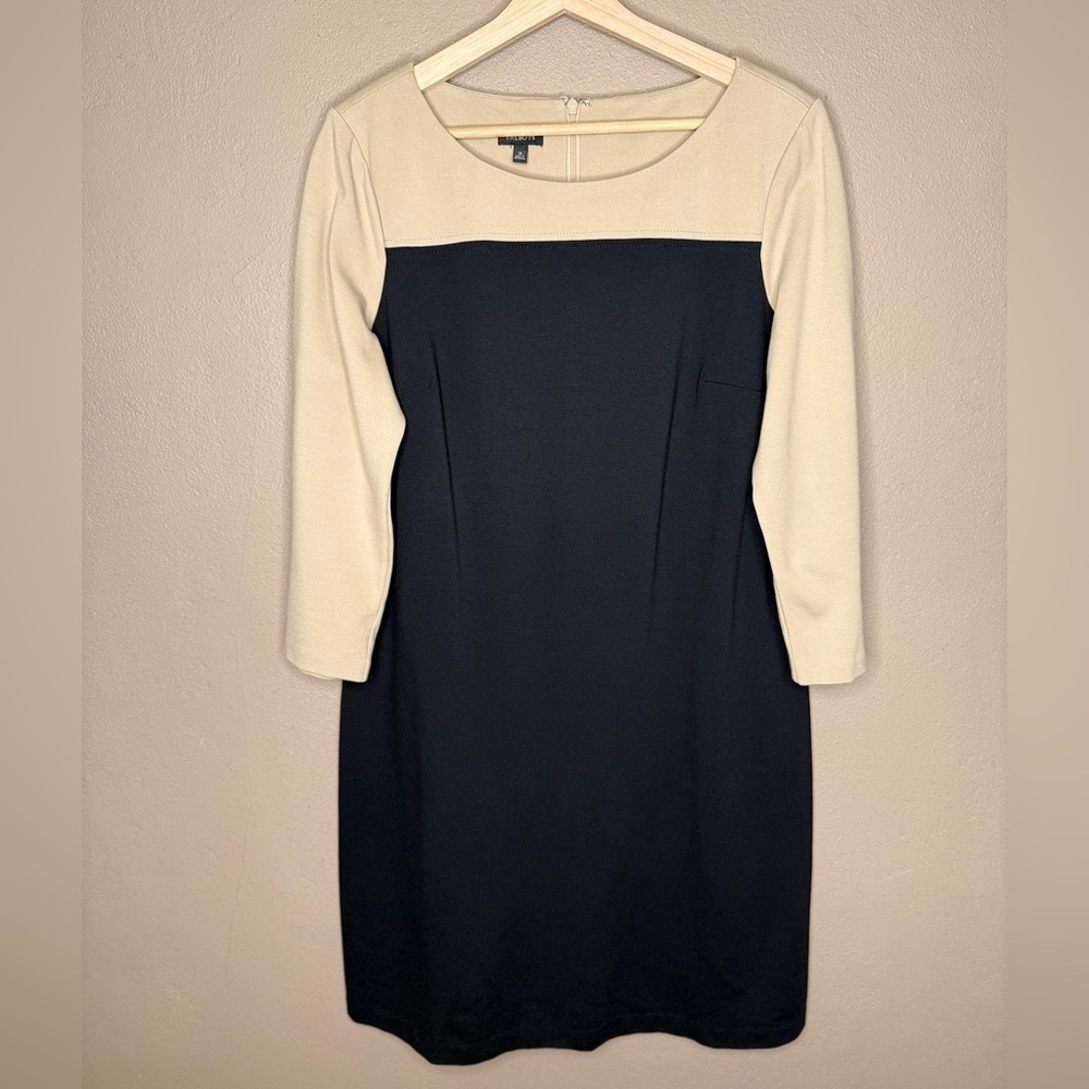 Talbots Women's Black & Beige 3/4 Sleeve Color Block Dress Size 12 Minimalist